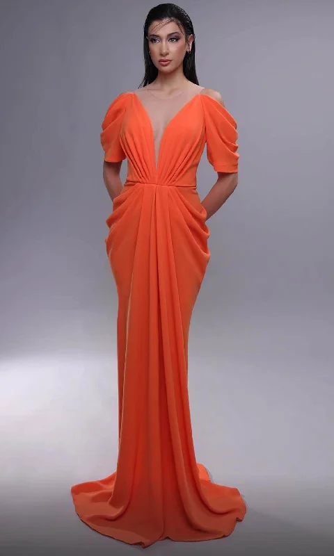 women's silk dressesMNM Couture K4084 - Draped Plunge Evening Dress