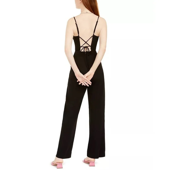 women's jumpsuits with solid colorsTeeze Me Women's Juniors' Lace-Back Jumpsuit Black Size 1