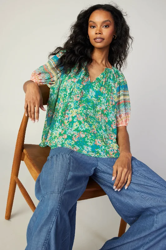 women's tops with geometric patternsBordered Floral Print Top