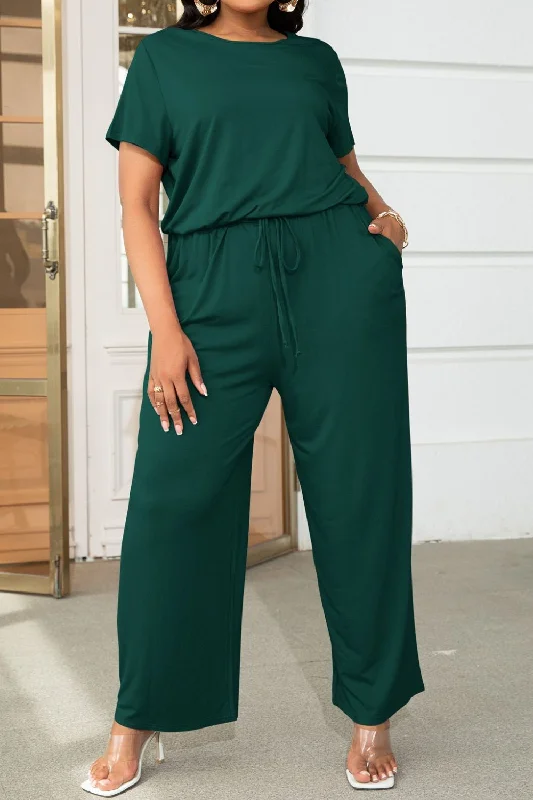 women's jumpsuits with bell sleevesPlus Size Drawstring Waist Short Sleeve Jumpsuit