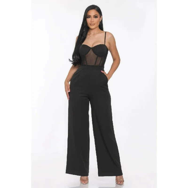 women's jumpsuits for lightweight designsMesh Insert Cup Wide Leg Jumpsuit