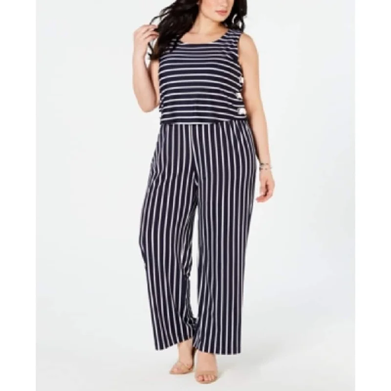 women's retro jumpsuitsNY Collection Women's Plus Lace Up Striped Jumpsuit Blue Size 3XP