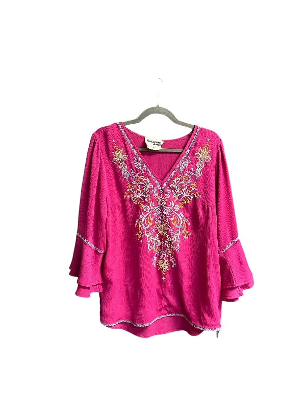 women's long sleeve tops with appliqué designsTop Long Sleeve By Savanna Jane In Floral Print, Size: L