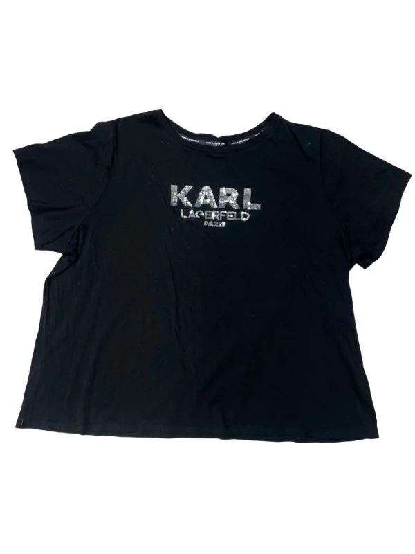 women's T-shirts with lace trimBlack Top Short Sleeve Designer Karl Lagerfeld, Size 3x