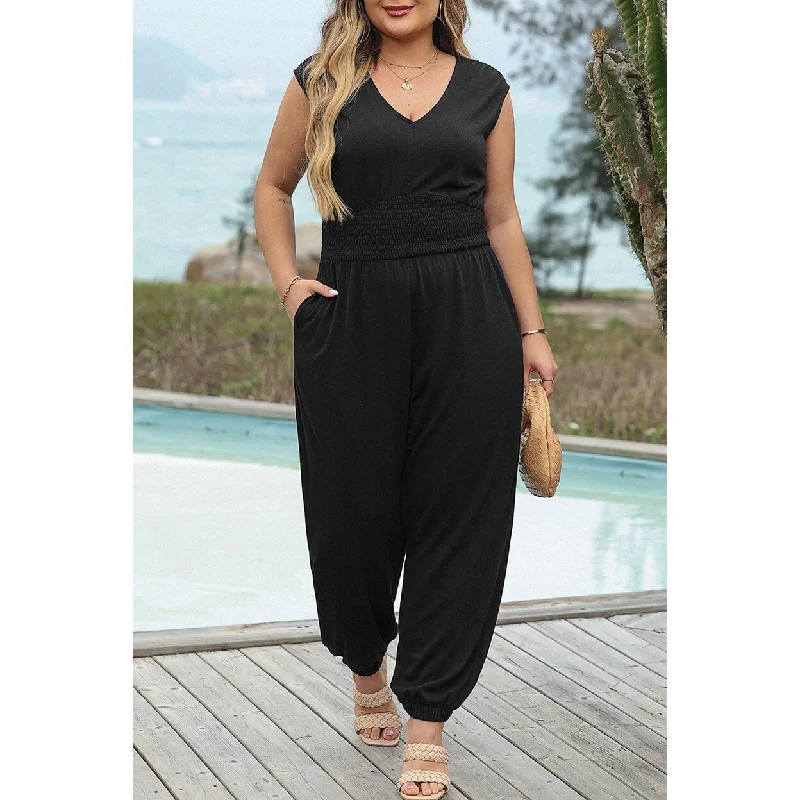 women's jumpsuits for minimalist fashionNovalee Plus Smocked High Waist Sleeveless V Neck Jumpsuit