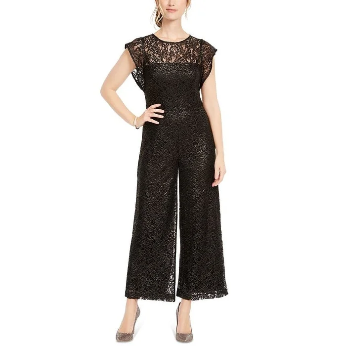 women's fitted jumpsuitsDonna Ricco Women's Lace Floral Short Sleeve Illusion Neckline Jumpsuit Black Size 10