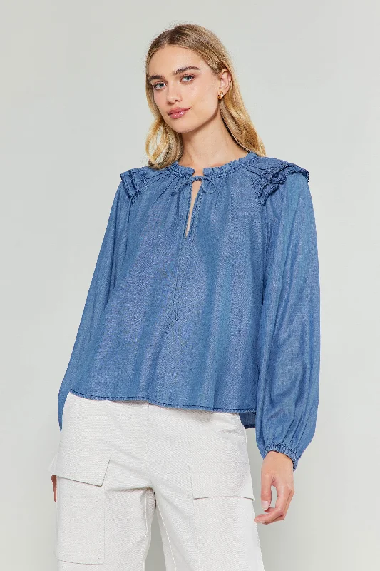 women's tops for boho-chic stylesChambray Picot Stitched Blouse