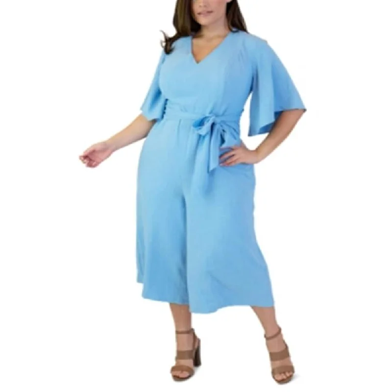 women's ankle-length jumpsuitsMaree Pour Toi Women's Plus Belted Cropped Jumpsuit Blue Size 16