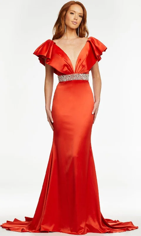 women's spaghetti strap dressesAshley Lauren - 11130 Satin Short Ruffled Sleeve Evening Gown