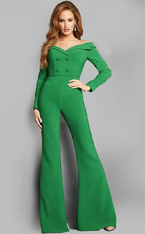 women's jumpsuits made of laceJovani 06903 Emerald Off the Shoulder Long Sleeve Jumpsuit