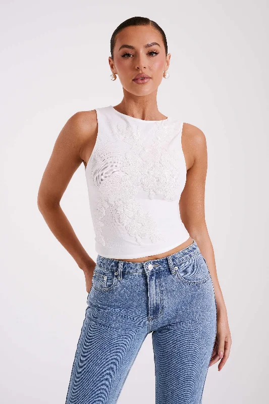 women's tops for those who want to stay cool and chic during warmer weatherLuci Beaded Flower Mesh Top - White