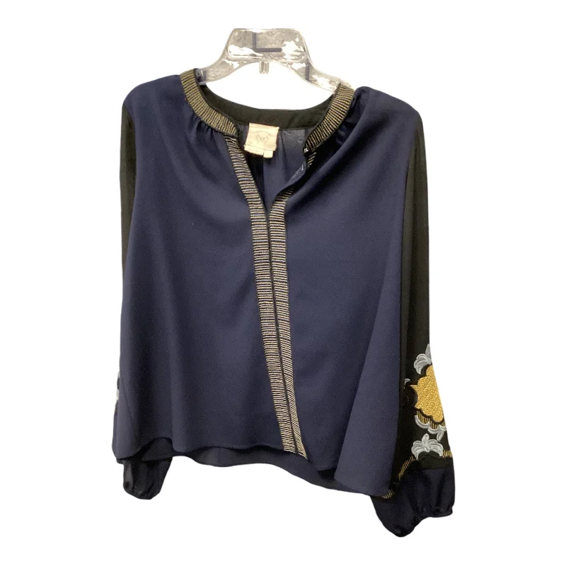 women's long sleeve tops with peplum hemsTop Long Sleeve By Anthropologie In Navy, Size: L