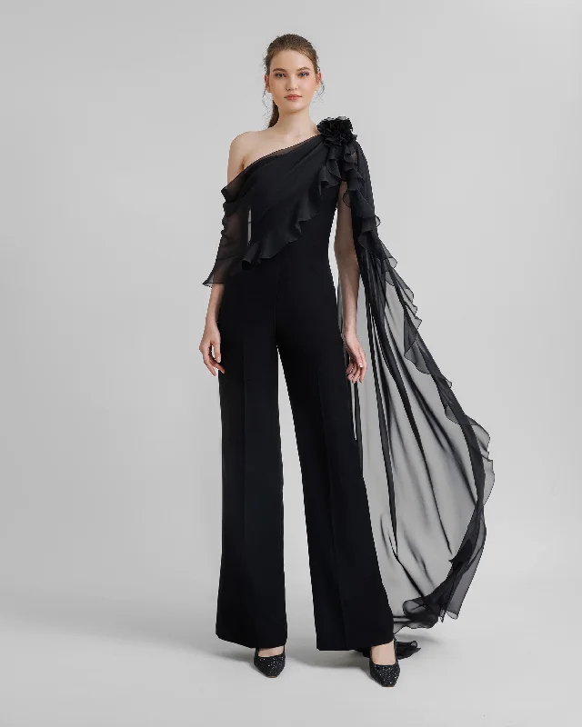 women's dressy jumpsuitsJumpsuit With Cape Like Chiffon Sleeves