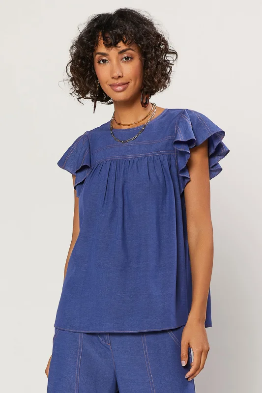 women's tops with geometric patternsIndigo Ruffled Sleeve Top