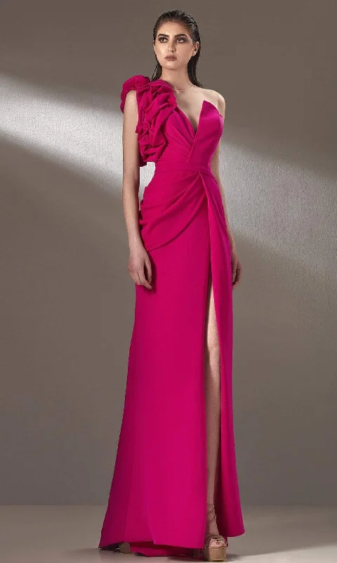 women's satin dressesMNM Couture - K3904 Ruffle One Shoulder Evening Dress