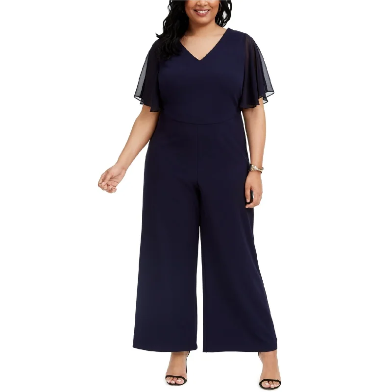 women's jumpsuits with Peter Pan collarsConnected Apparel Womens Chiffon-Sleeve Jumpsuit, Blue, 24W