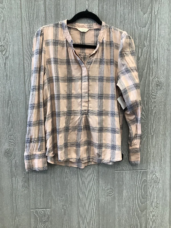 women's long sleeve tops with cold-shoulder designsTop Long Sleeve By Lucky Brand In Plaid Pattern, Size: M