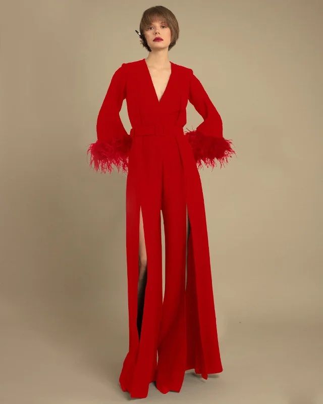 women's fitted jumpsuitsV-Neckline Loose Red Jumpsuit