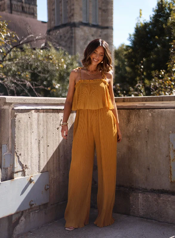 women's jumpsuits for everyday wearMustard Pleated Jumpsuit