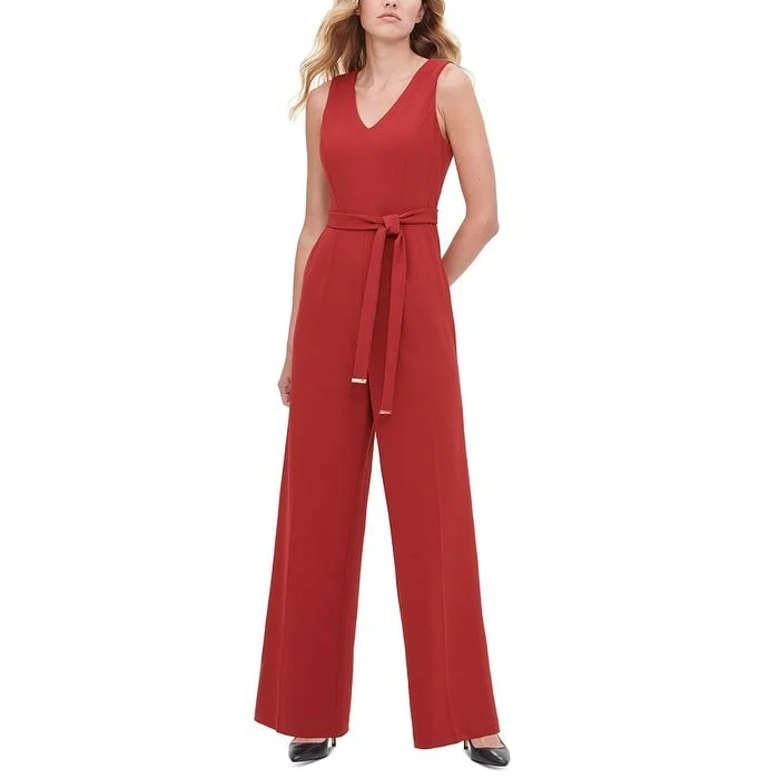 women's high-slit jumpsuitsTommy Hilfiger Women's Belted V Neck Jumpsuit Brown Size 16