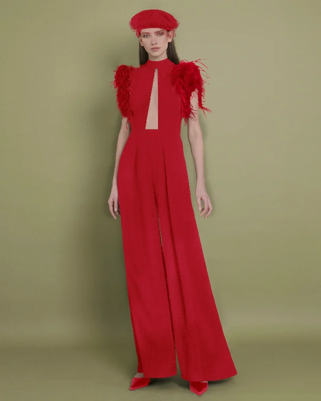 women's jumpsuits made of chiffonFeathered Shoulders Red Jumpsuit