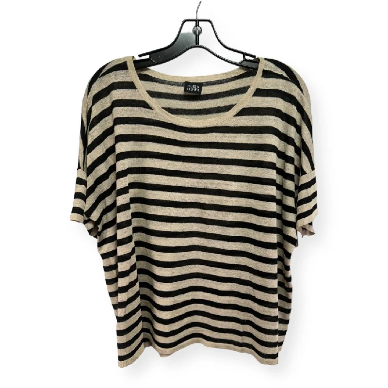 women's T-shirts with off-the-shoulder necksLinen Striped Pattern Top Short Sleeve Designer Eileen Fisher, Size M