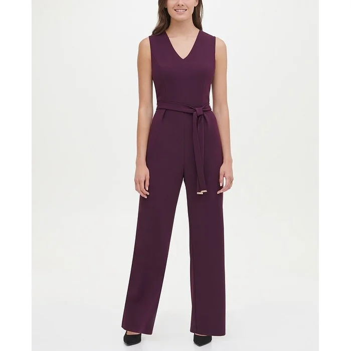 women's jumpsuits for machine-washable fabricsTommy Hilfiger Women's Belted Zippered Sleeveless V Neck Straight Leg Jumpsuit Purple Size 14