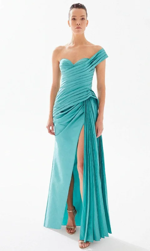 women's striped dressesTarik Ediz 98324 - Pleated One-Sleeve Evening Gown