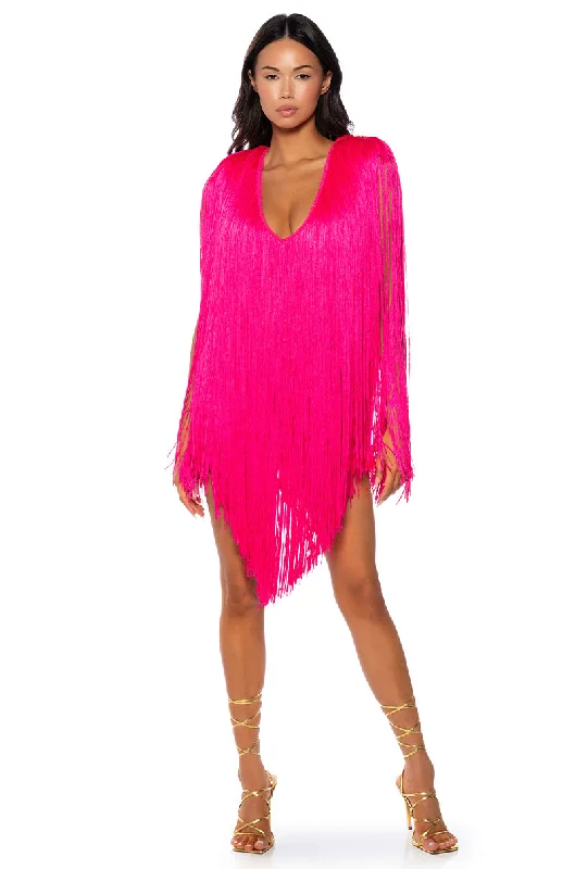 women's travel dressesSTEVIE DEEP V BANDAGE WITH FRINGE MINI DRESS