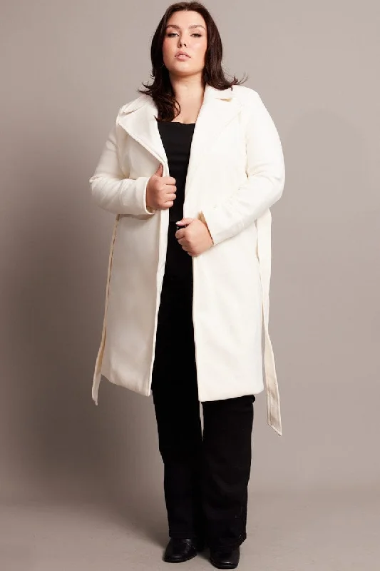 women's coats with liningWhite Long Belted Wrap Coat