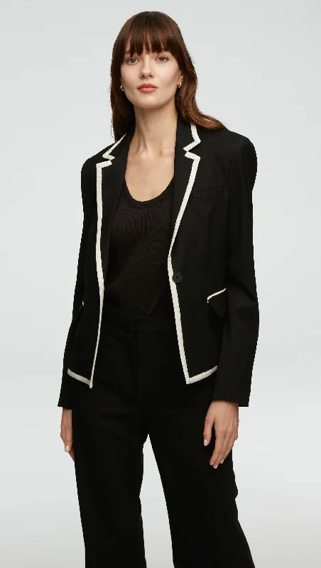 Piped Blazer in Seasonless Wool | Black/Ivory