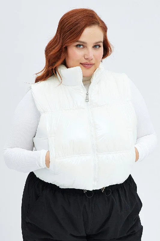 women's coats with military-inspired designsWhite Puffer Vest Sleeveless Shiny Crop