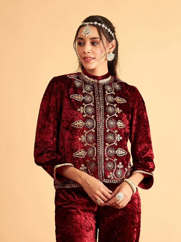 women's coats for casual FridaysWomen Maroon Velvet Front Embroidered Jacket