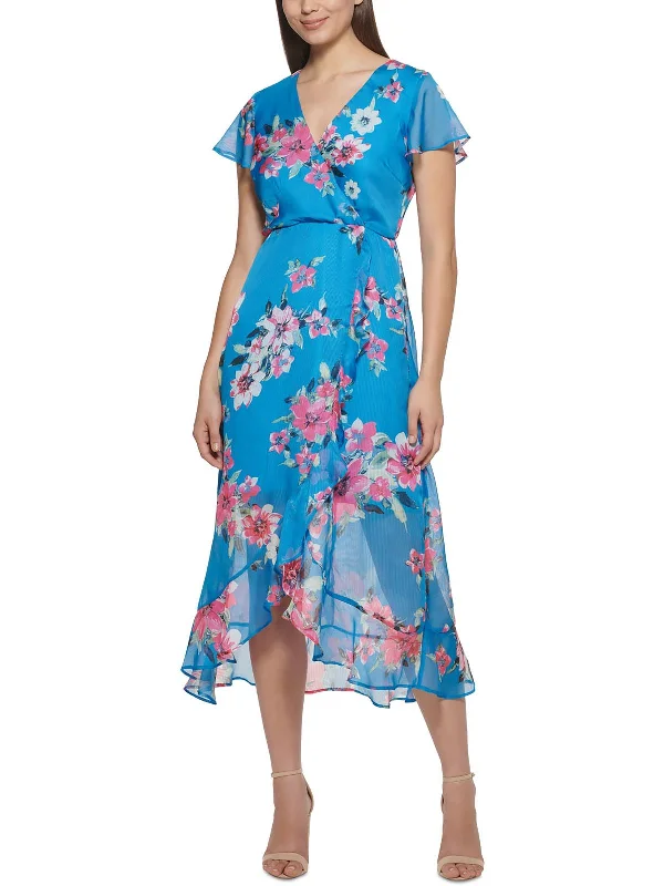 women's mini dressesWomens Floral Chiffon V-Neck Midi Fit & Flare Dress