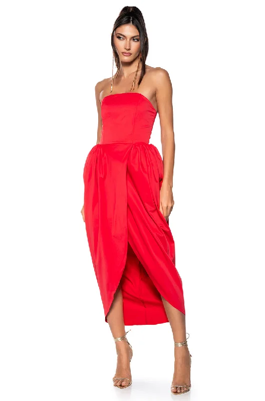 women's ruffle dressesTULIP SKIRT SPAGHETTI STRAP MIDI DRESS IN RED