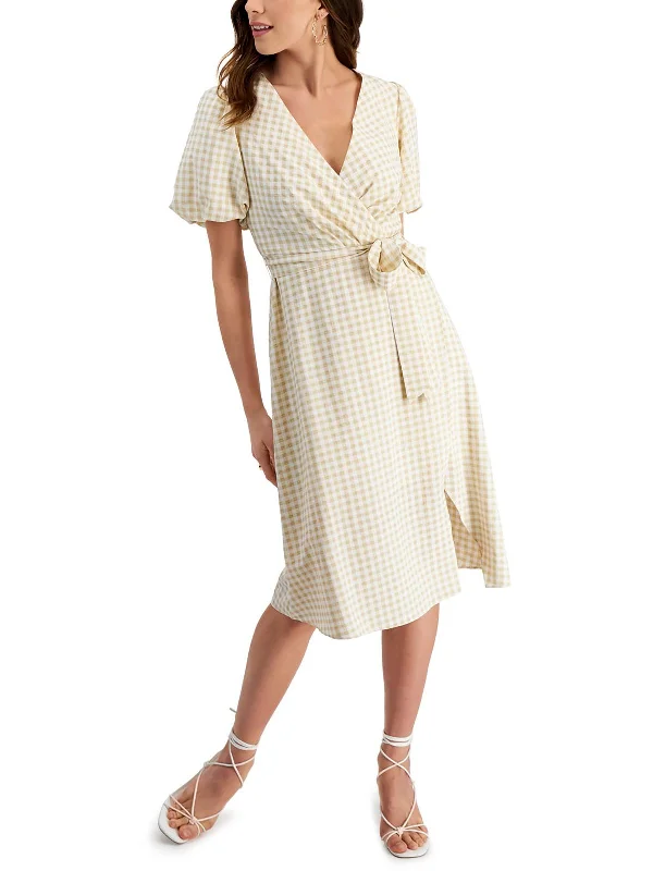 women's wedding guest dressesWomens Gingham Faux Wrap Midi Dress