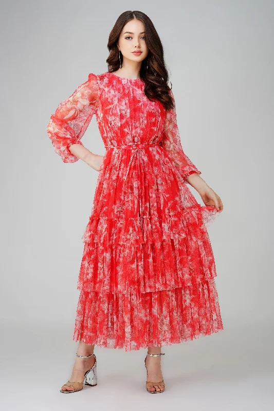 women's curve-hugging dressesRebecca Midi Dress in Red Print