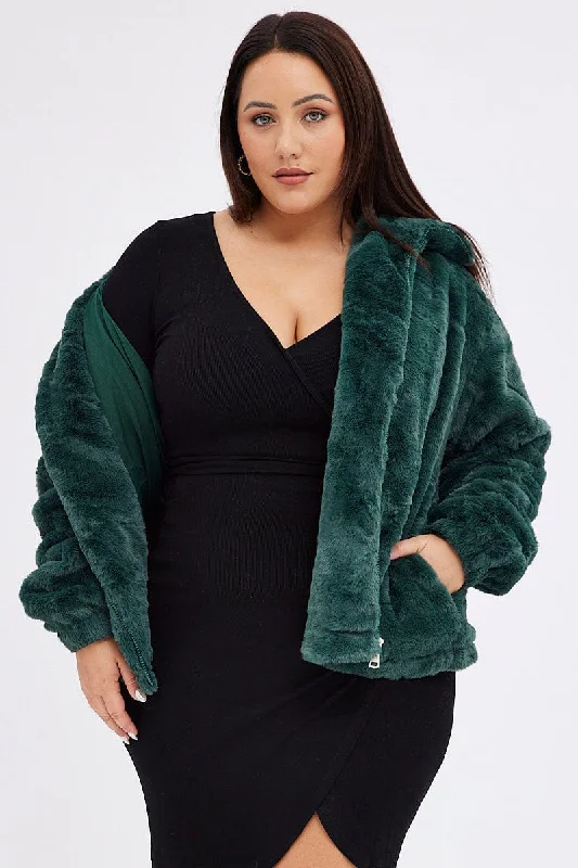 women's coats with lace detailingGreen Zip Jacket Lined Plush Faux Fur