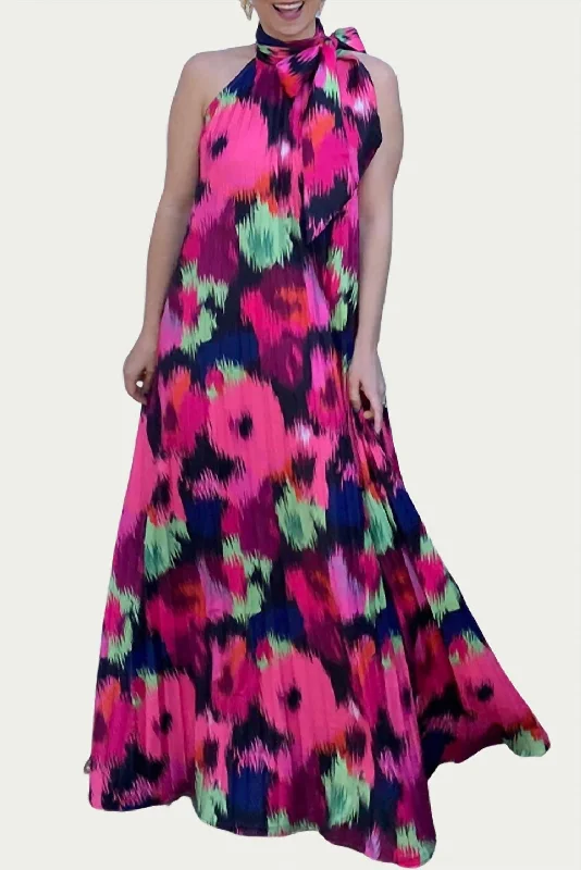 women's one-shoulder dressesPoppy Pleated Satin Maxi Dress In Ikat Roses