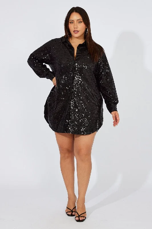 women's coats for ice skatingBlack Sequin Long Overshirt Jacket