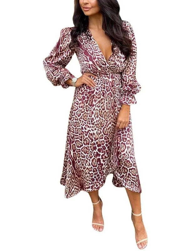 women's ball gown dressesWomens Animal Print Faux Wrap Midi Dress