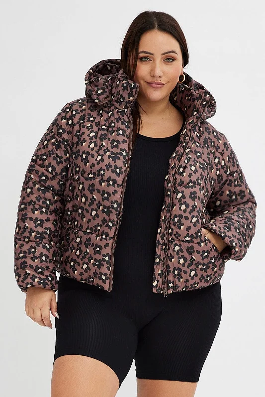 women's coats for those who seek both warmth and flairBrown Animal Print Puffer Jacket Long Sleeve Leopard