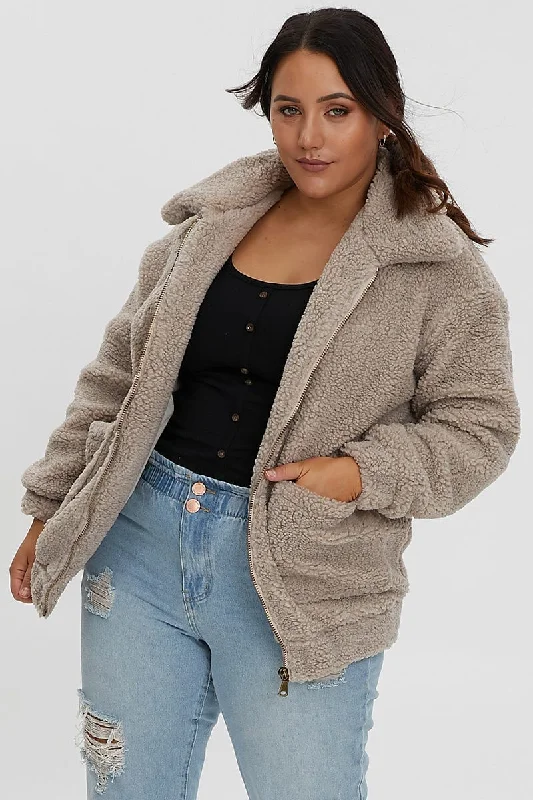 women's coats for apple-shaped bodiesBeige Teddy Jacket