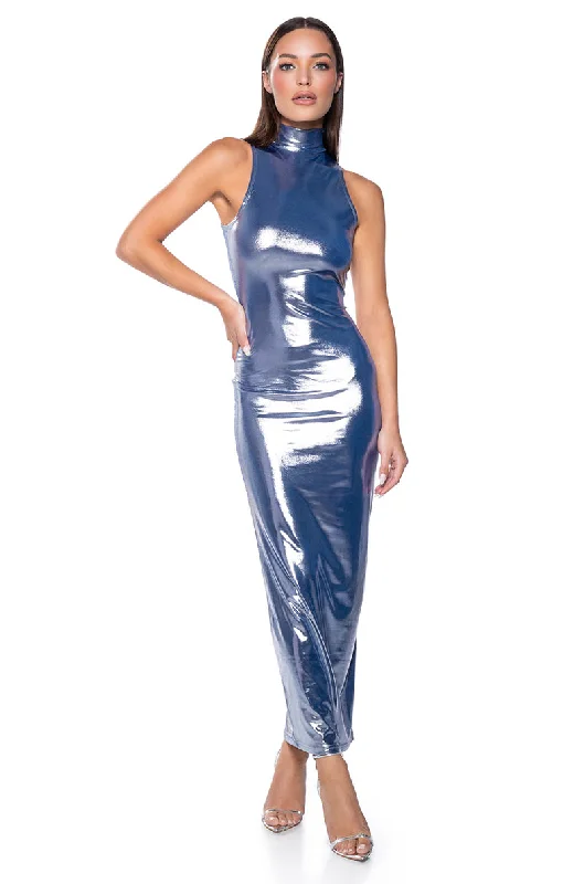 women's off-the-shoulder dressesIN THE CROWD METALLIC MIDI DRESS IN BLUE