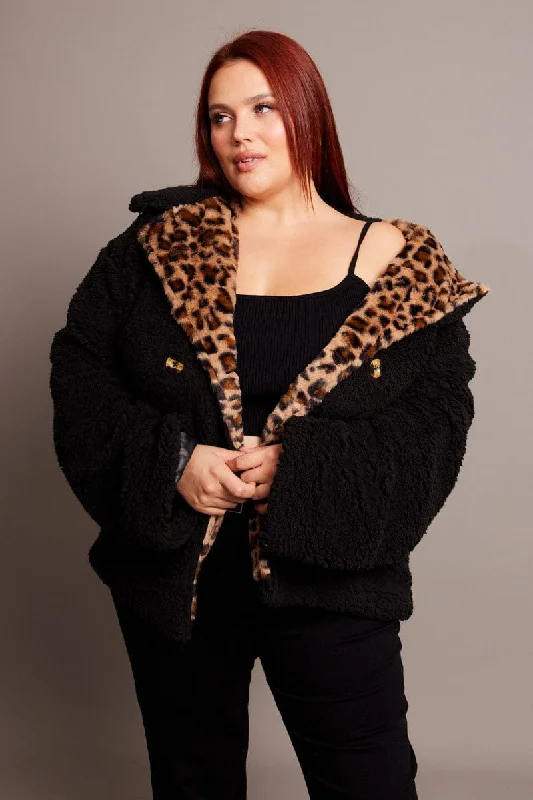 women's coats for rainy weatherBlack Teddy Jacket Long Sleeve Leopard Trim