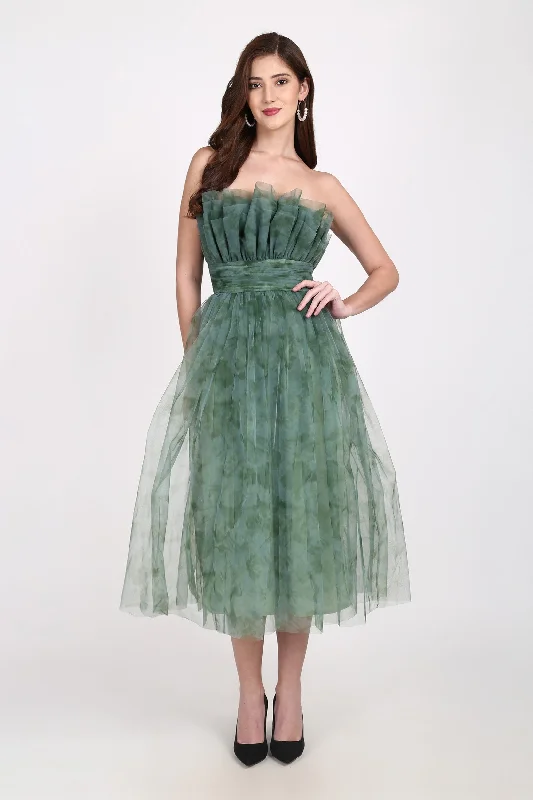 women's empire-line dressesVeriry Tulle Midi Dress in Green Floral Print