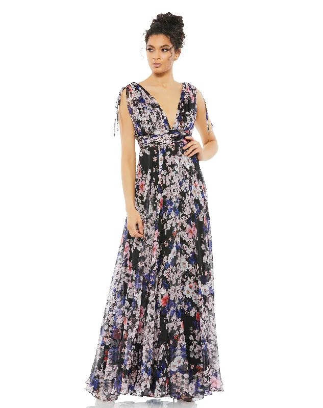 women's formal dressesFloral Tie Shoulder V-Neck Maxi Dress