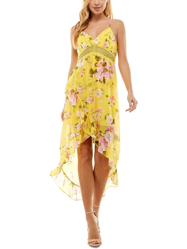 women's A-line dressesJuniors Womens Floral Printed Hi-Low Midi Dress