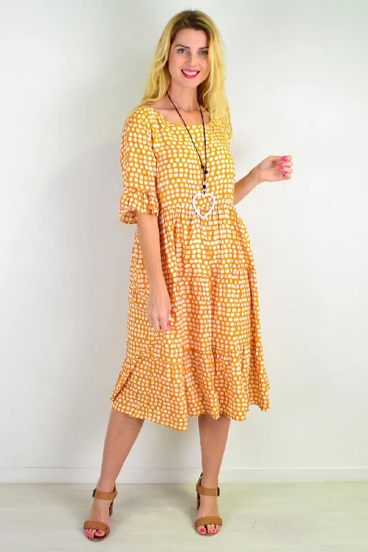 trendy women's coatsMustard White Polka Dot Tiered Tunic Dress