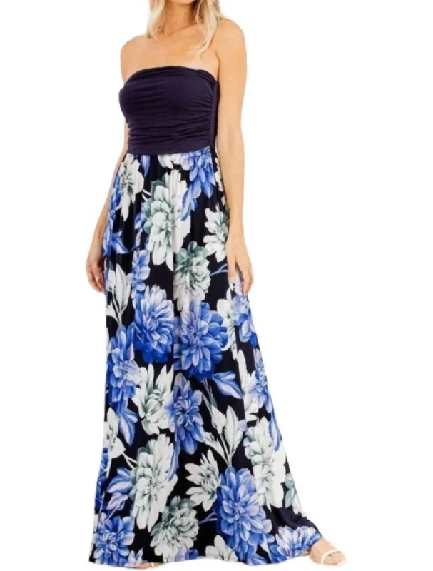 women's statement dressesFloral Print Sleeveless Maxi Dress In Navy